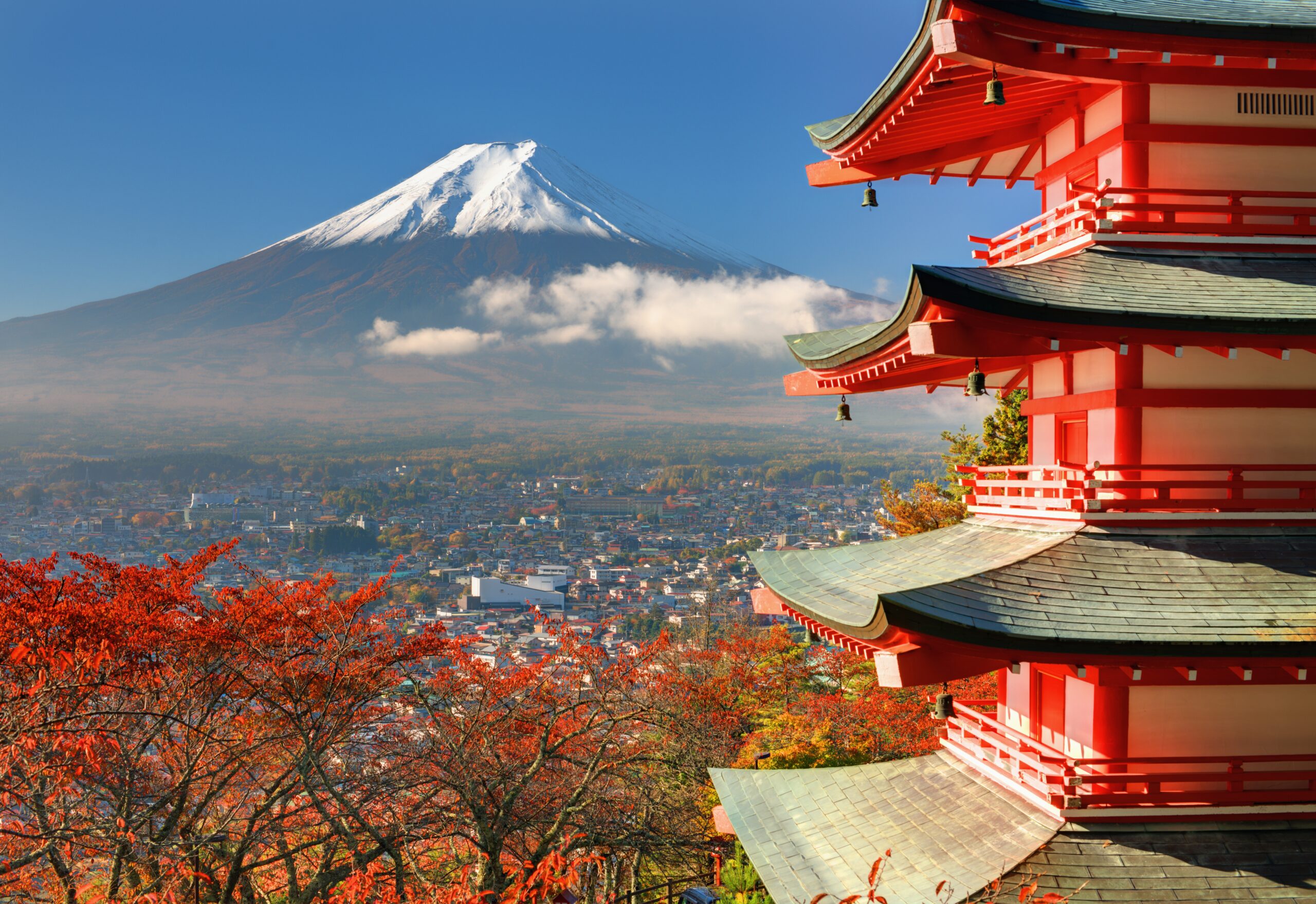Mt. Fuji viewed from behind Chureito Pagoda.