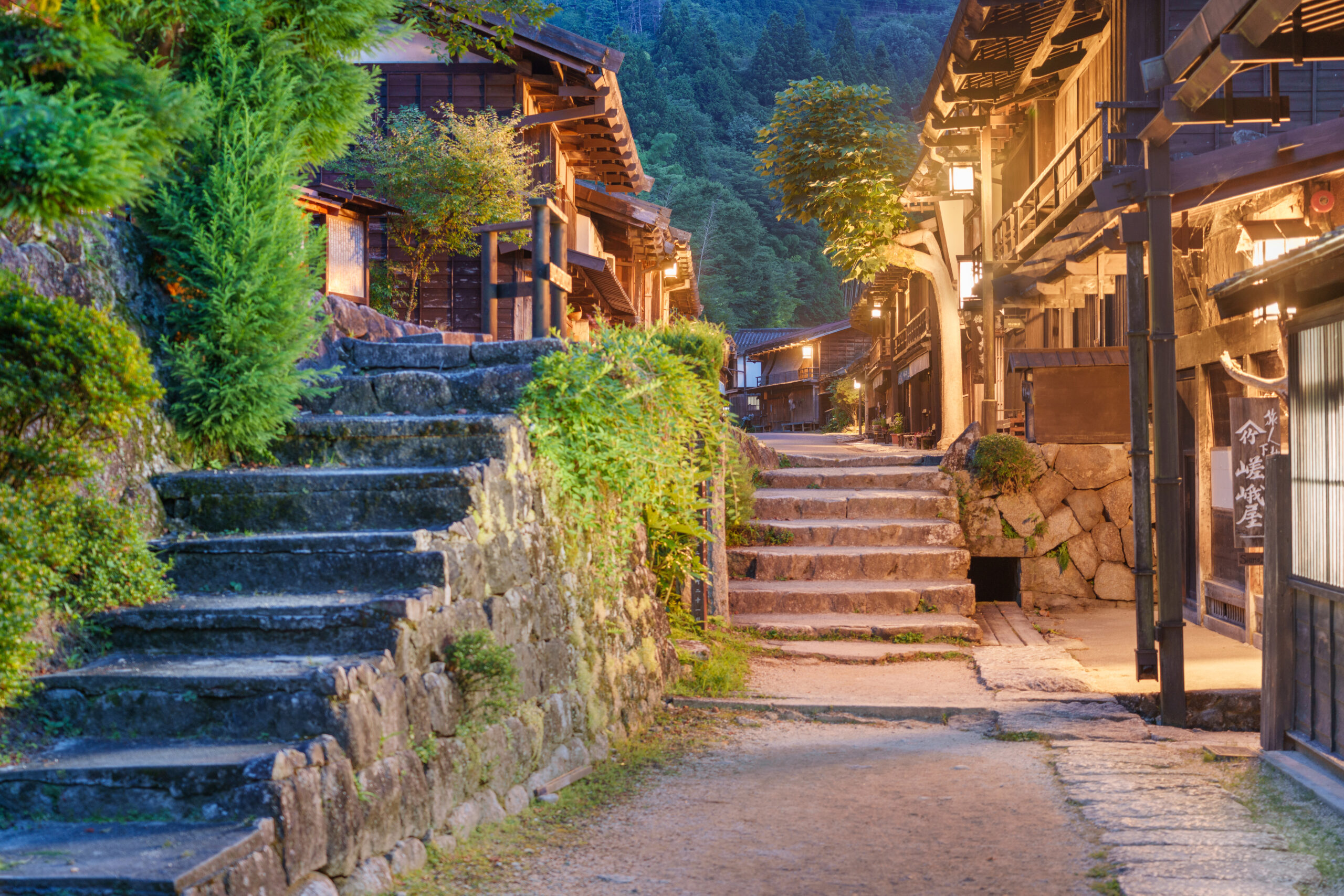 Tsumago, Japan traditional historic post town along the Nakasendo at night.